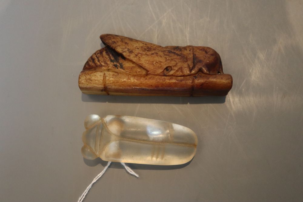 A Chinese rock crystal cicada pendant and a hardstone cicada
